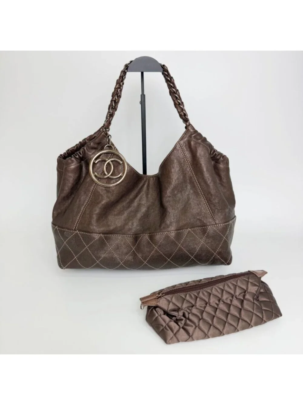 Chanel CC Logo Quilted Chain Tote Shoulder Bag Leather Brown Vintage